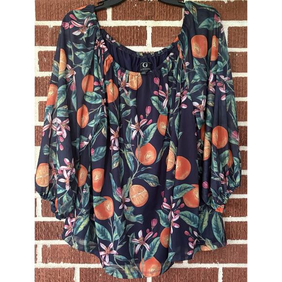 G by Giuliani Black Oranges Print Lined Blouse Elastic Neck 3/4 Sleeves Size 1X - Picture 1 of 3
